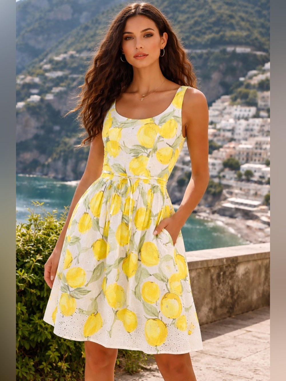 🌺 Pappagallo Lemon Print Eyelet Midi Dress